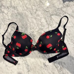 PINK Victoria's Secret Black and Red Cherry Print Bra 32C